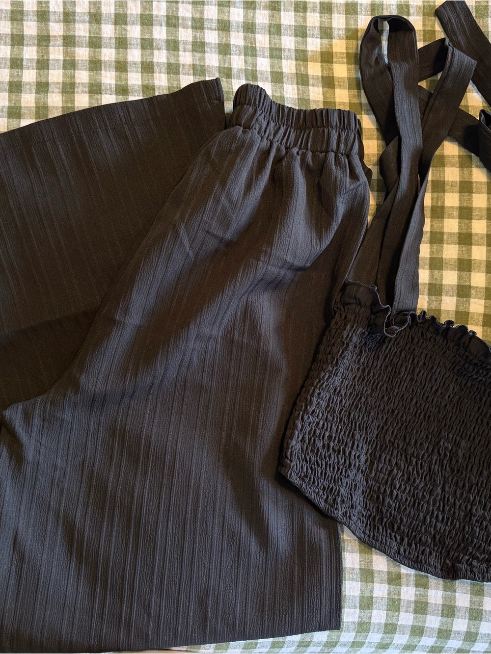 Black Two-Piece Smocked Top and Flared Bottoms Set
